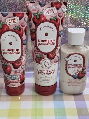 Bath & Body Works Strawberry Pound Cake Body Wash, Body Cream & Lotion Set NEW